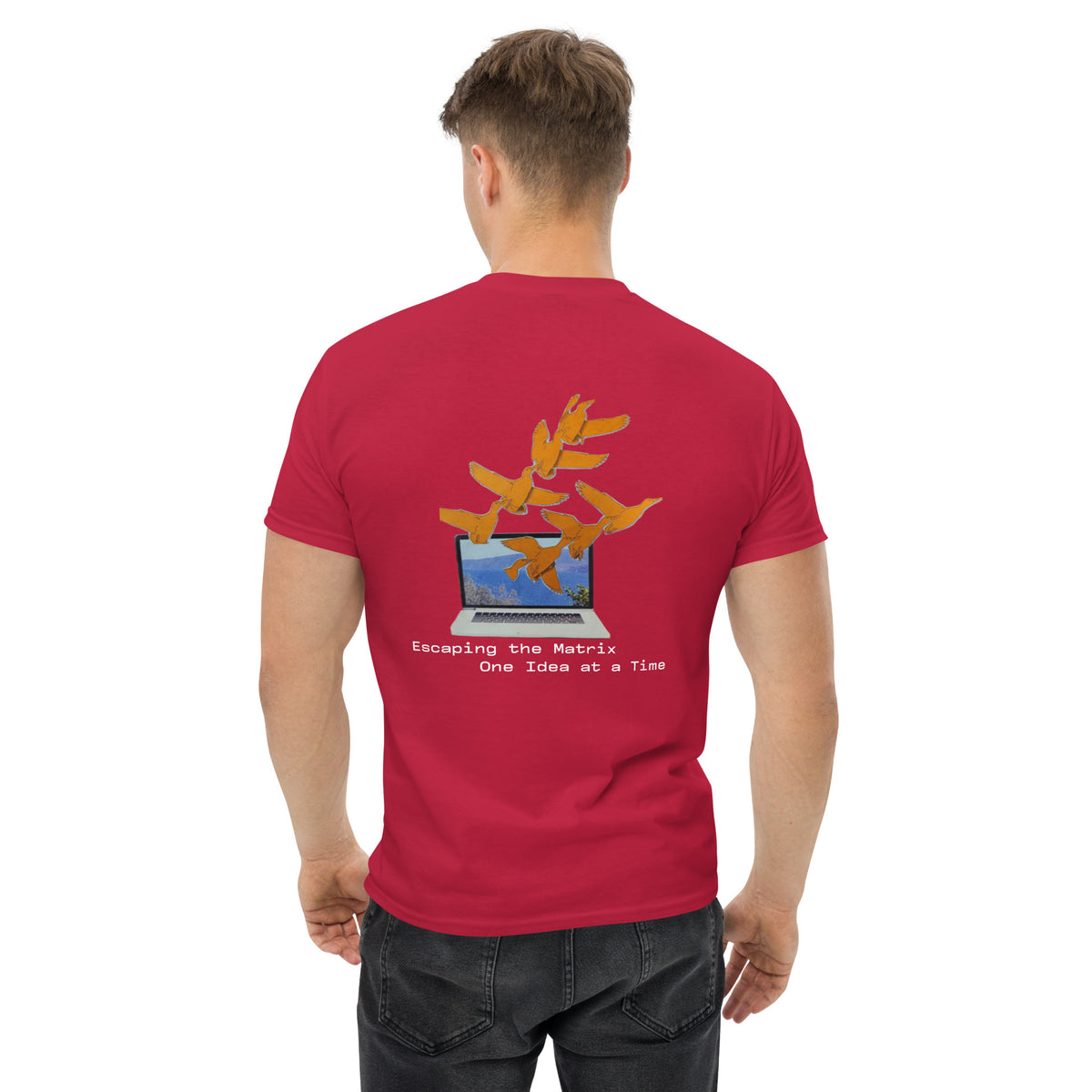 a man wearing escaping the matrix-unisex classic tee cardinal