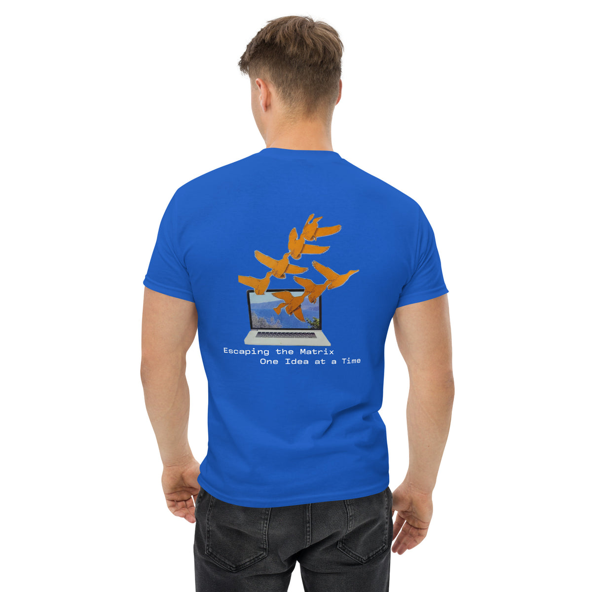 a man wearing escaping the matrix-unisex classic tee royal