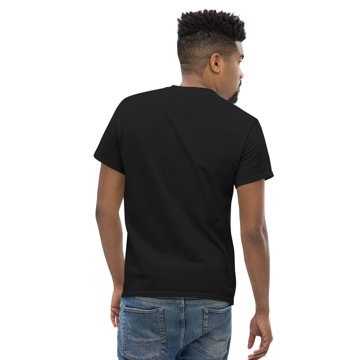 a an wearing New Identity original collage art on a unisex classic T-shirt back