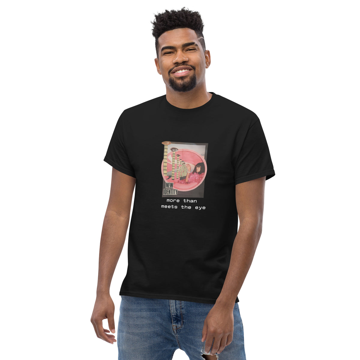 a an wearing New Identity original collage art on a unisex classic T-shirt 