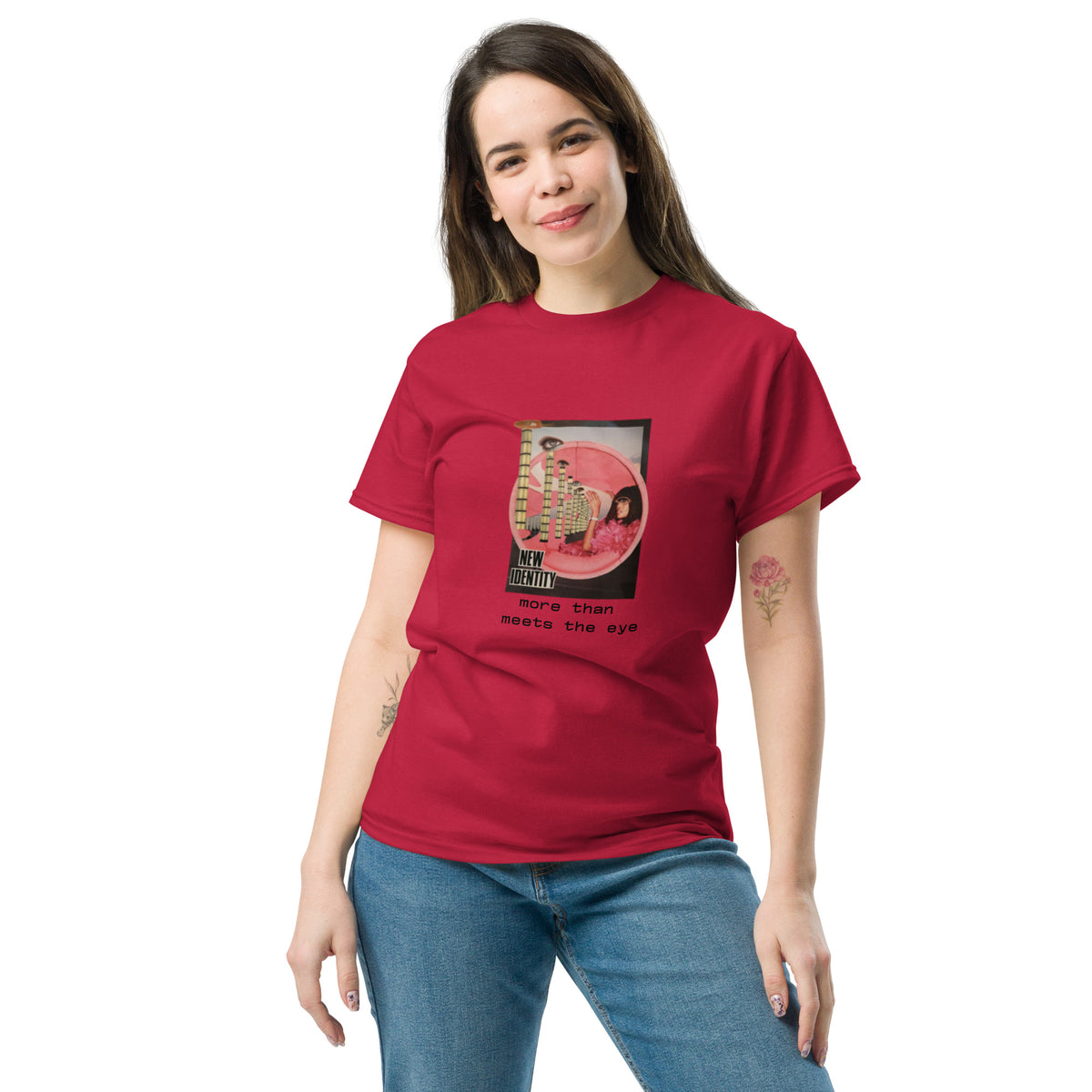 a woman wears unisex classic tee cardinal front