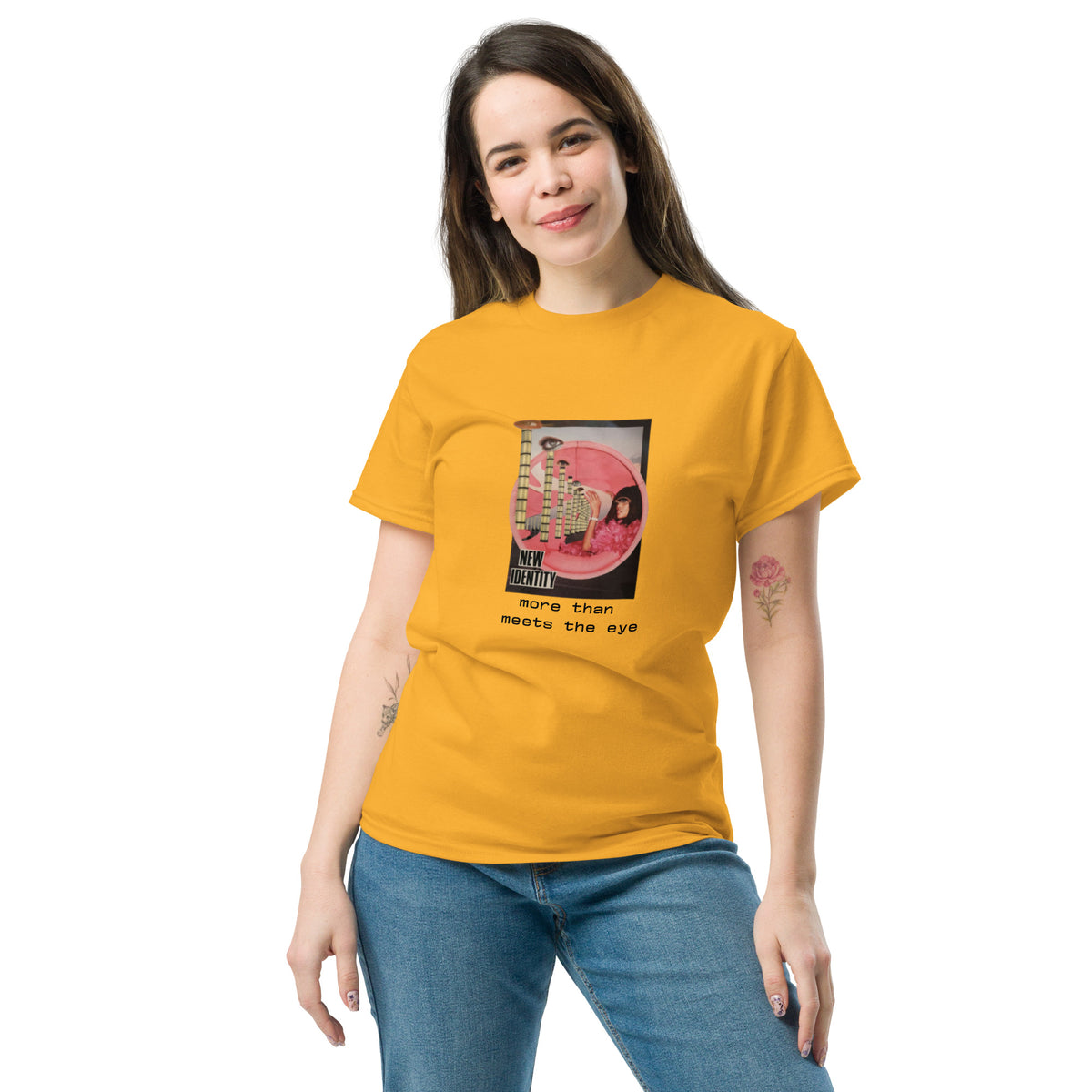 a woman wears unisex classic tee gold front