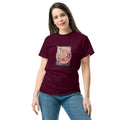 a woman wears unisex classic tee maroon front