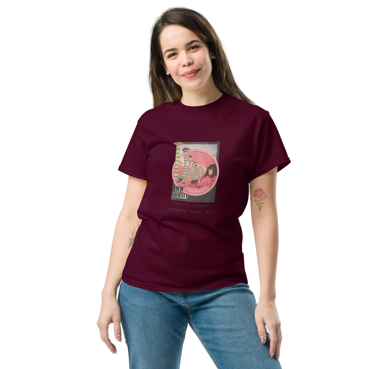 a woman wears unisex classic tee maroon front