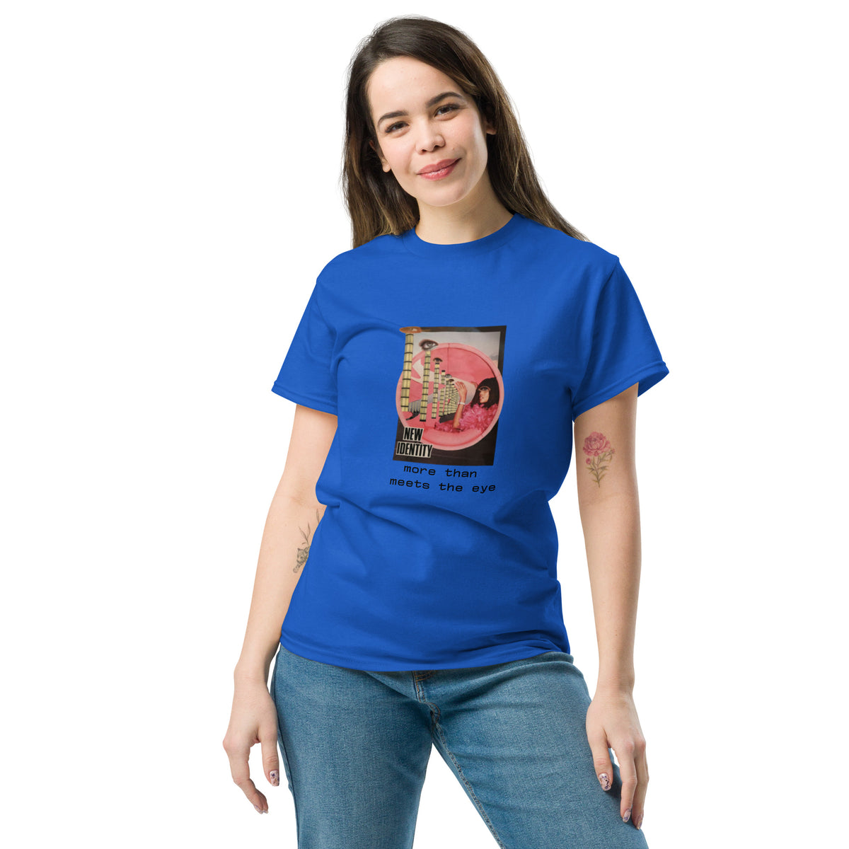 a woman wears unisex classic tee royal blue front