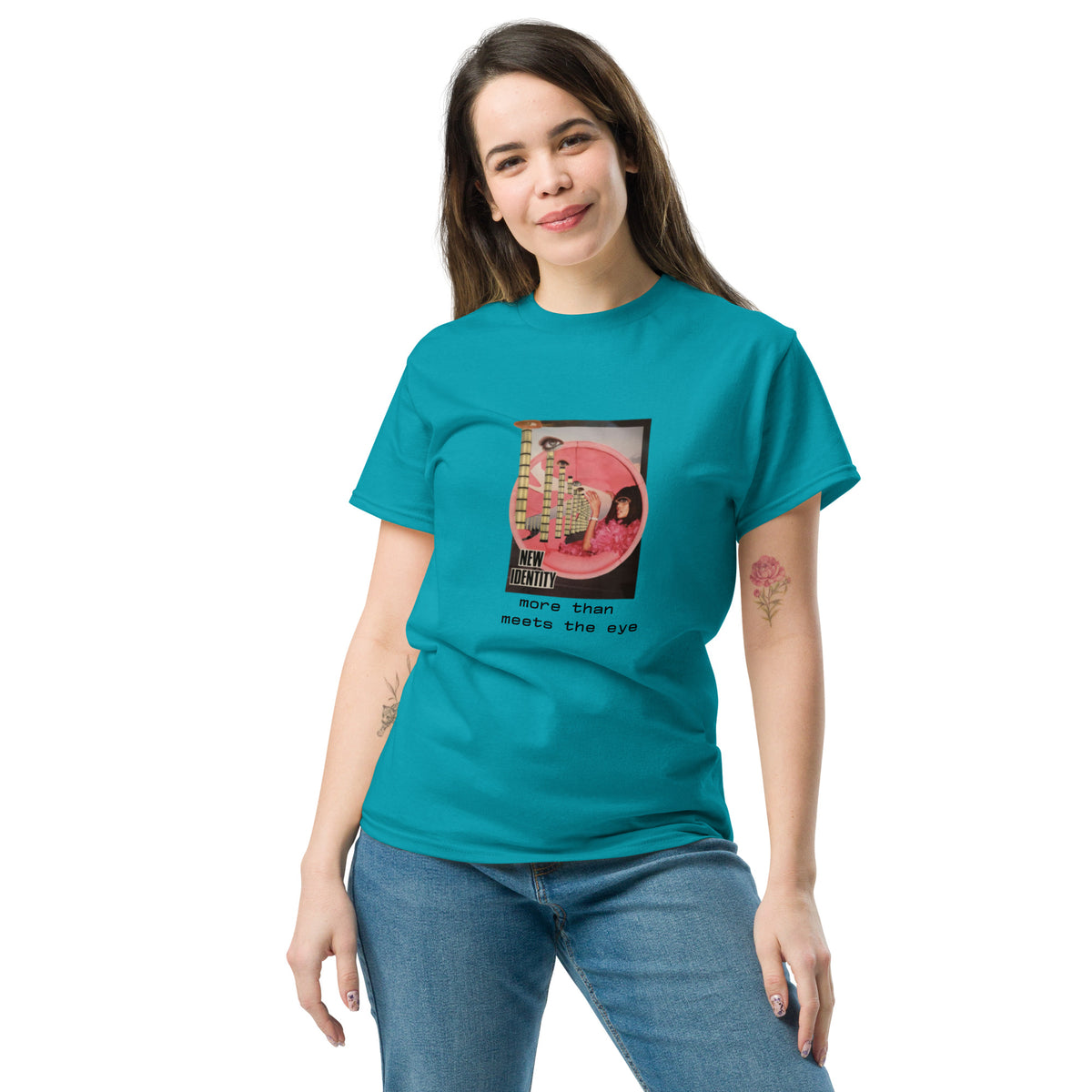 a woman wears unisex classic tee tropical blue front