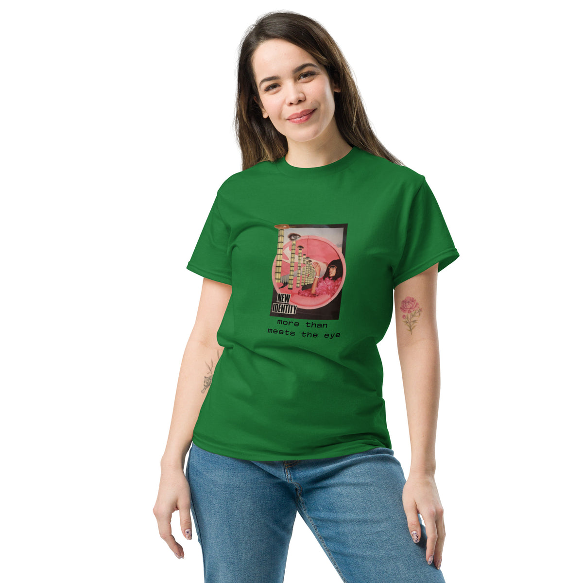 a woman wears unisex classic tee turf green front